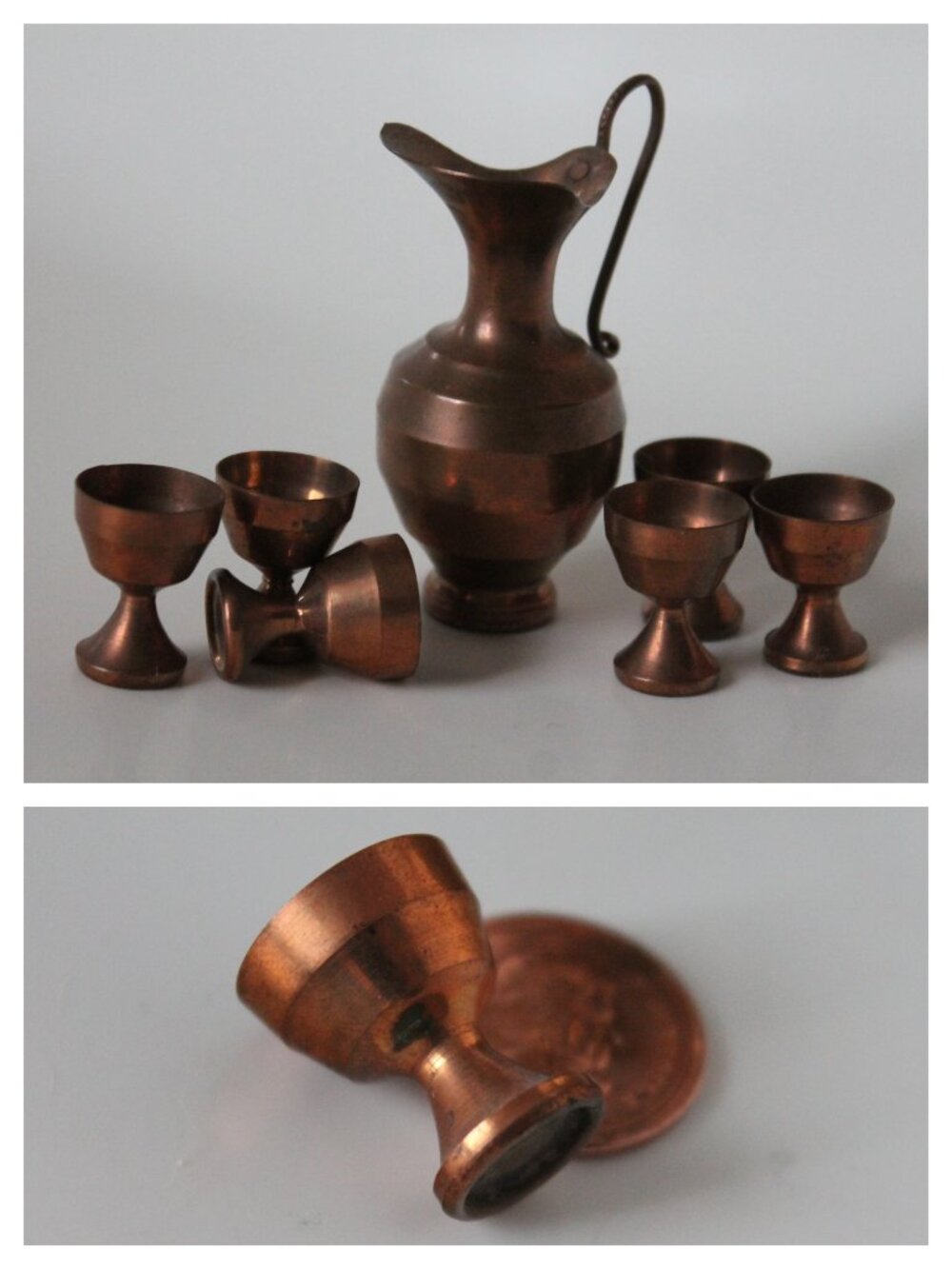 Miniature Set of 6 Metal Goblets and Pitcher